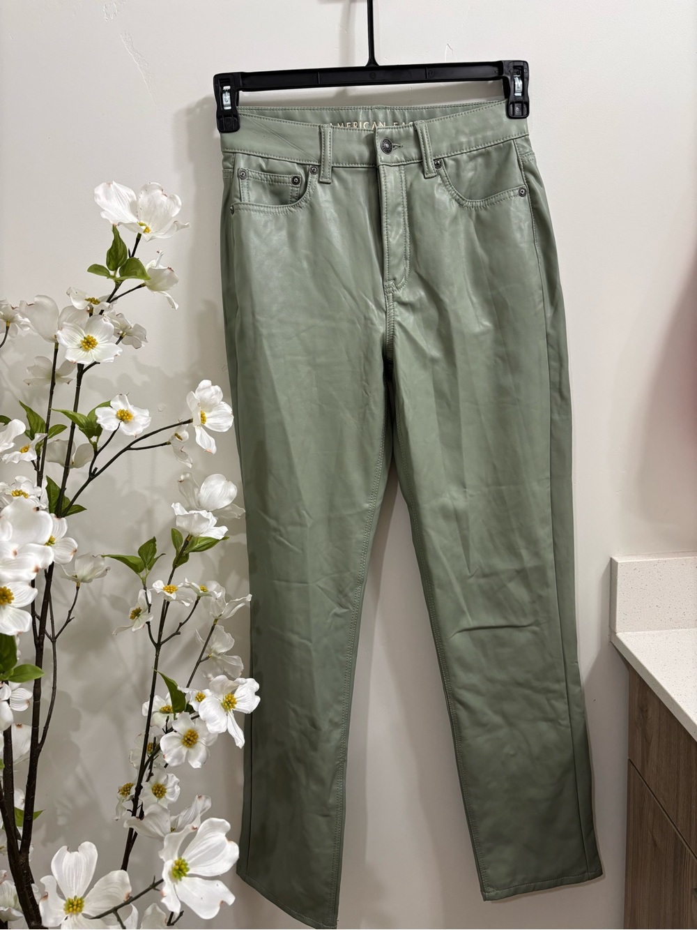 American Eagle Sage Green Straight Faux Leather Pants